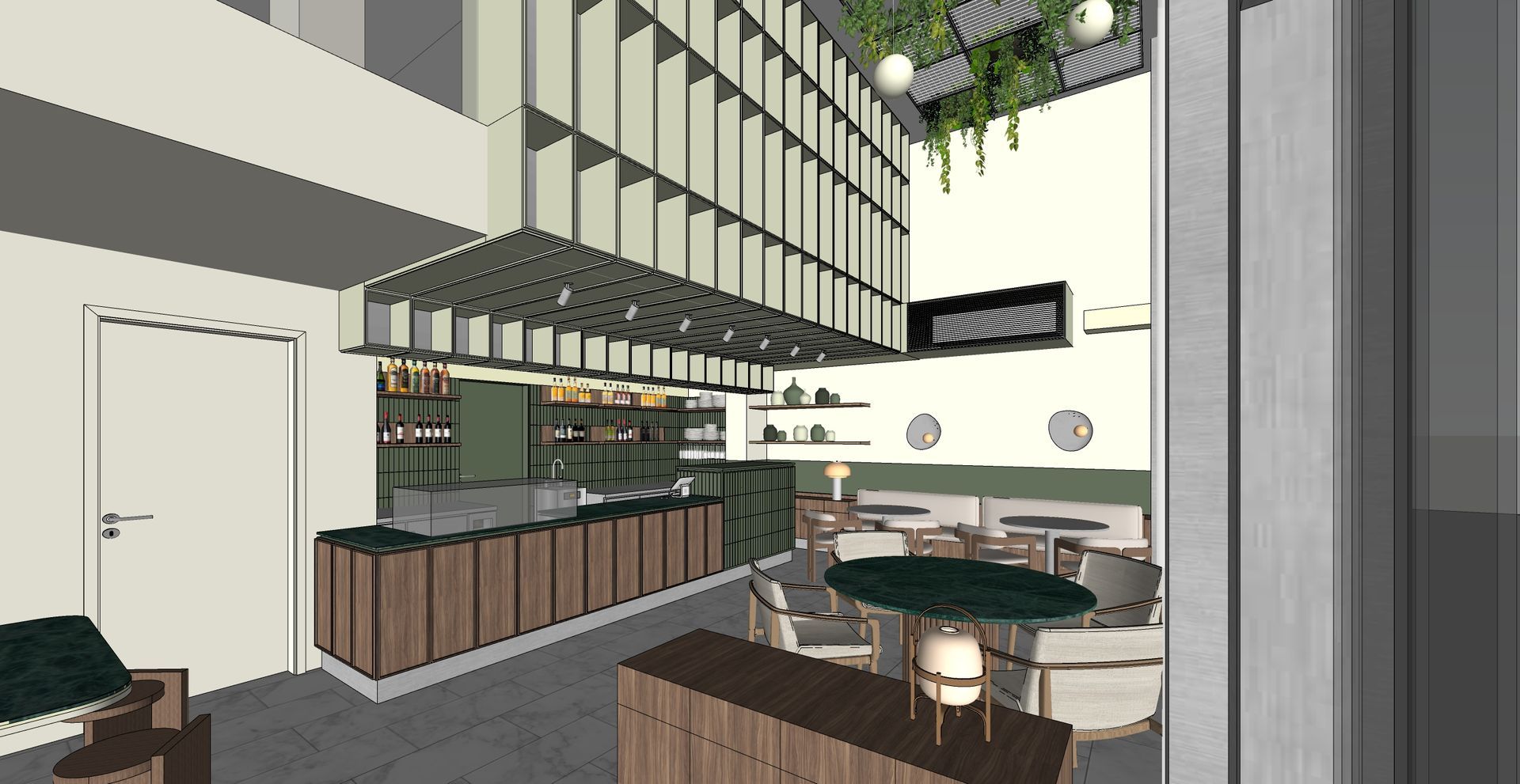Interior de cafetería moderno con detalles en madera, asientos verdes, plantas colgantes y una zona de barra.