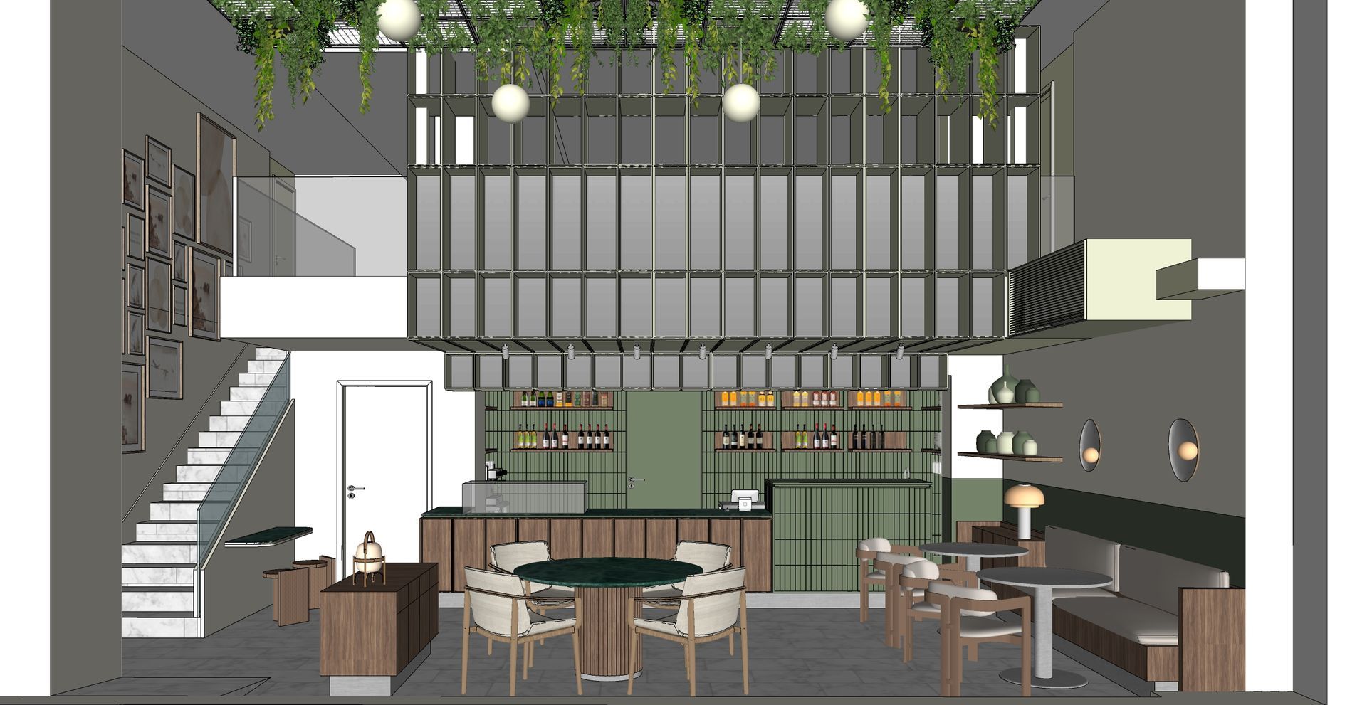 Interior de cafetería elegante con escalera, barra, ventanales altos, plantas colgantes y mesas y sillas de madera.