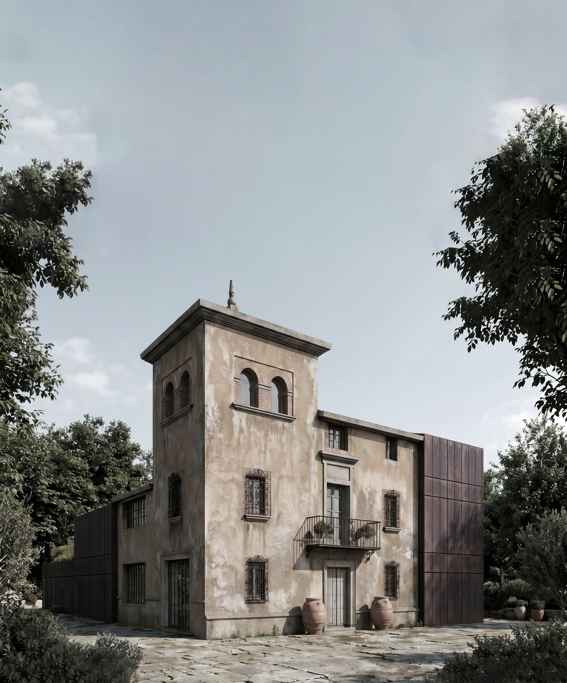 Antigua casa de piedra beige con un pequeño balcón, enmarcada por árboles bajo un cielo nublado.