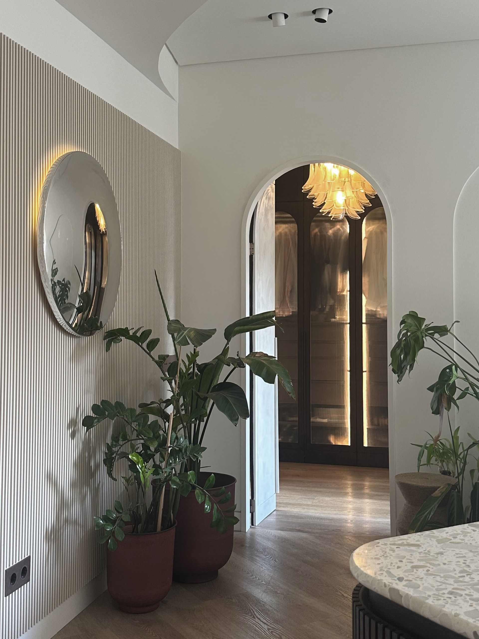 Pasillo luminoso con pared a rayas, plantas en macetas, espejo redondo y puerta arqueada que da a una habitación iluminada.