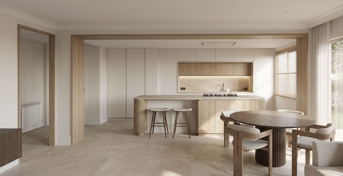 Interior minimalista de color beige para comedor y cocina, con detalles en madera y una mesa redonda junto a una ventana luminosa.