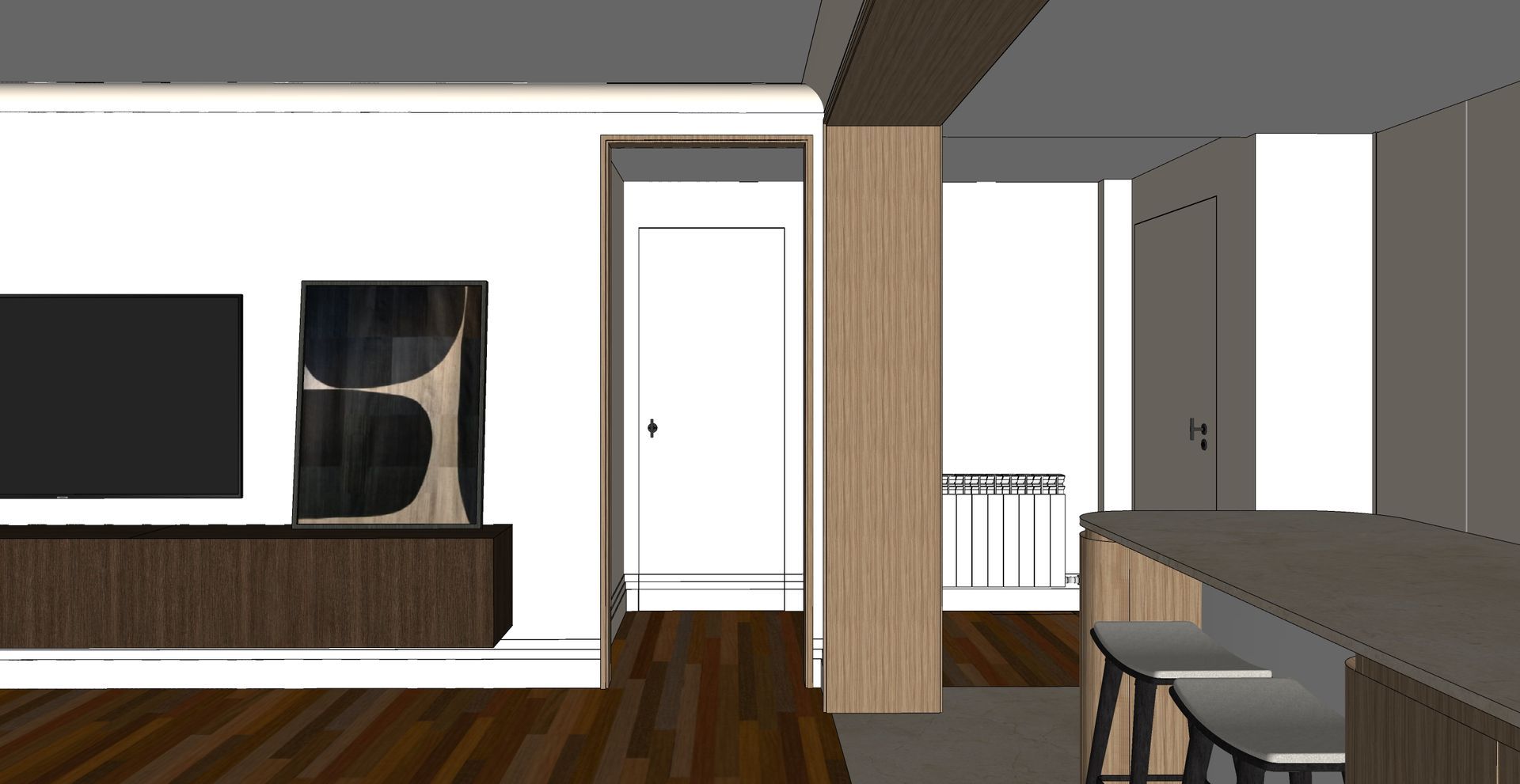 Interior moderno con TV, suelo de madera, puerta corredera y mesa con sillas en una habitación luminosa.