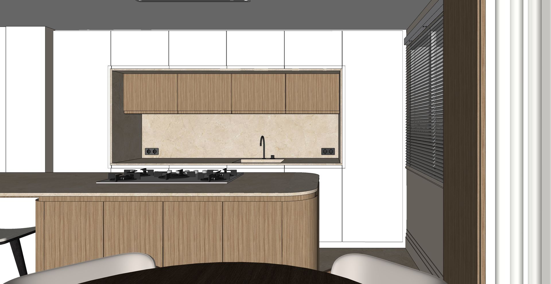Cocina moderna con gabinetes de madera, paredes blancas, encimera oscura y una mesa de comedor parcial en primer plano.
