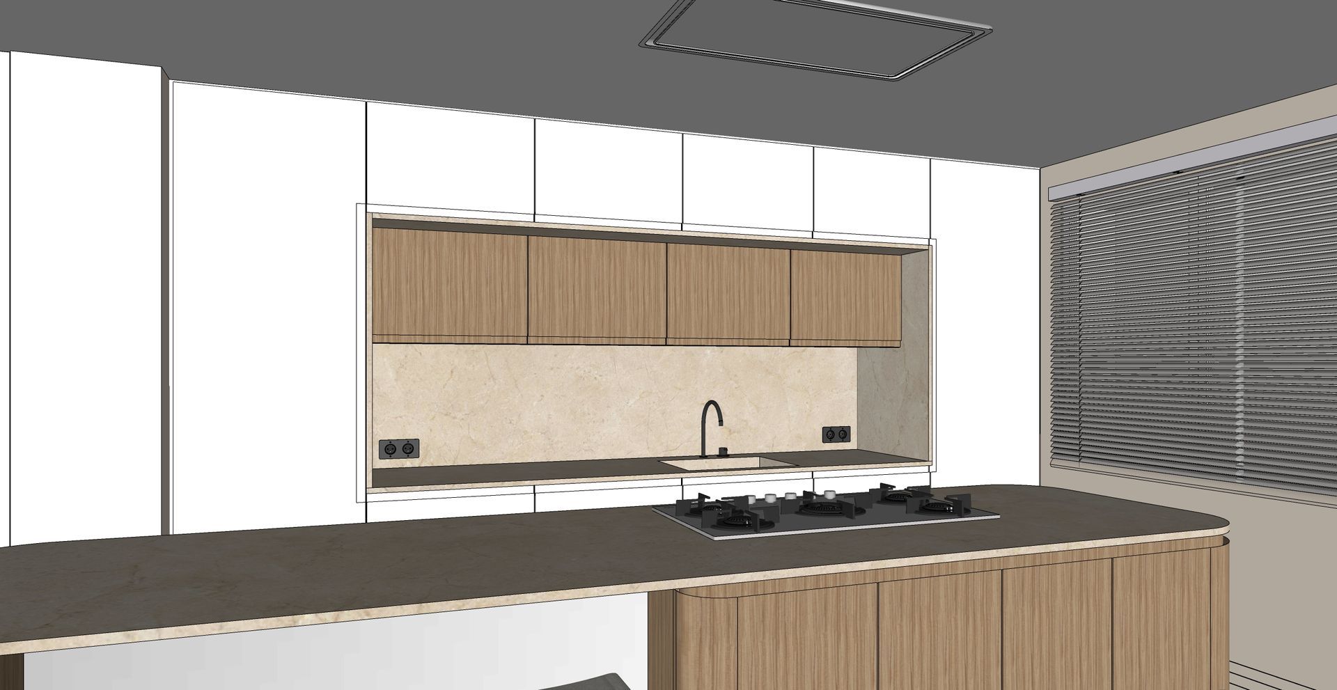 Interior de cocina moderno con gabinetes blancos y de madera, fregadero, placa de cocina y panel de pared estampado.