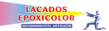 Un logotipo para lacados epoxicolor con un hombre rociando pintura.