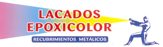 Un logotipo para lacados epoxicolor con un hombre rociando pintura.