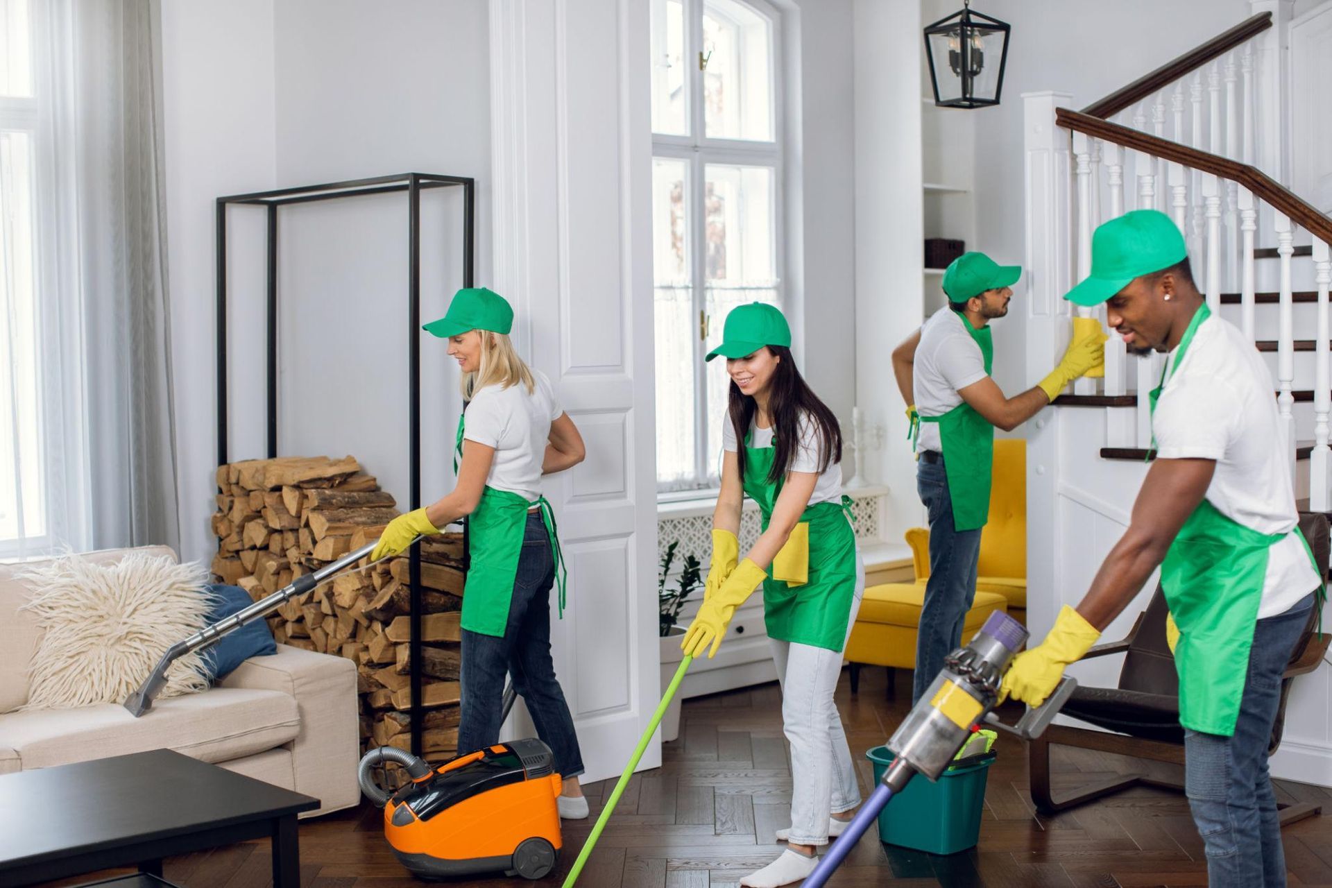 Professional cleaning team preparing a vacation rental for arriving guests.