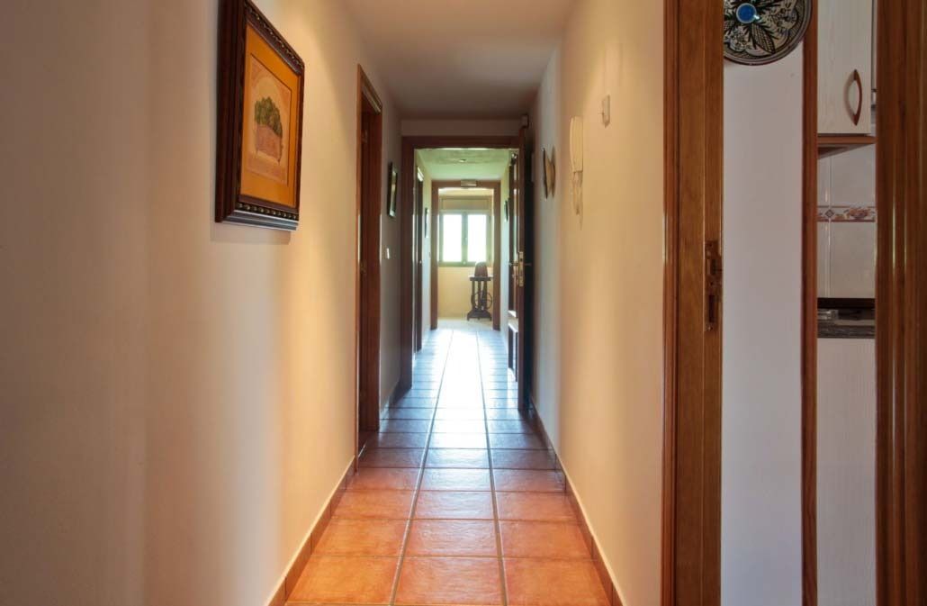 Pasillo largo con puertas marrones, suelo de baldosas de terracota y luz que entra por una ventana al final.