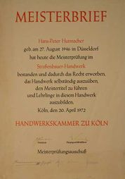 Meisterbrief Hans-Peter Hutmacher
