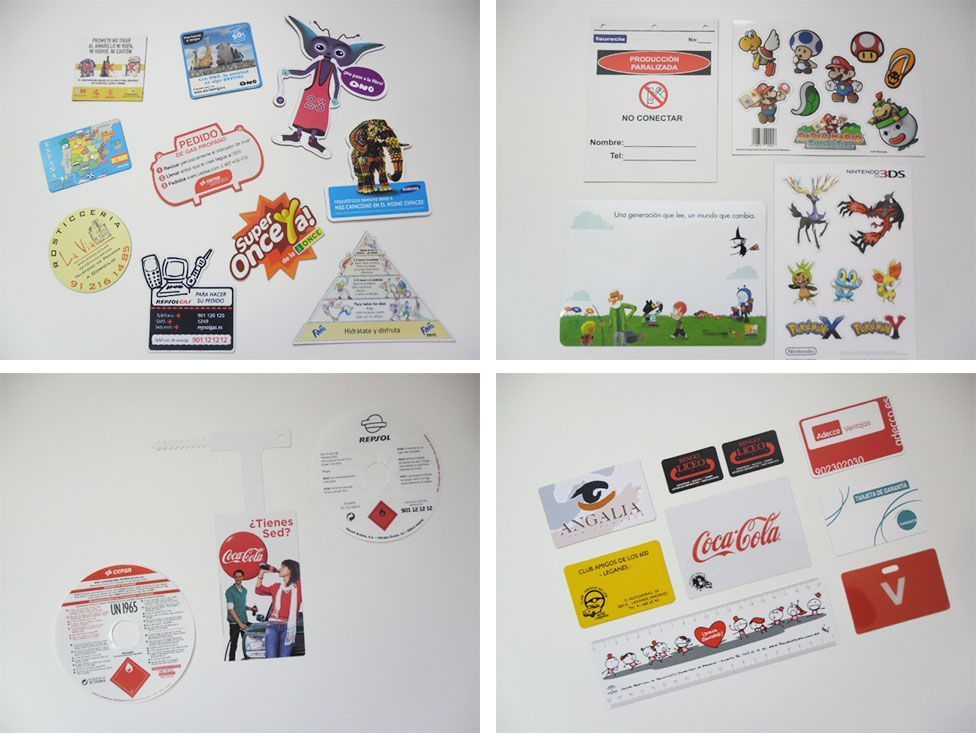 Cuatro imágenes de diferentes tipos de pegatinas, incluida una que dice Coca Cola.