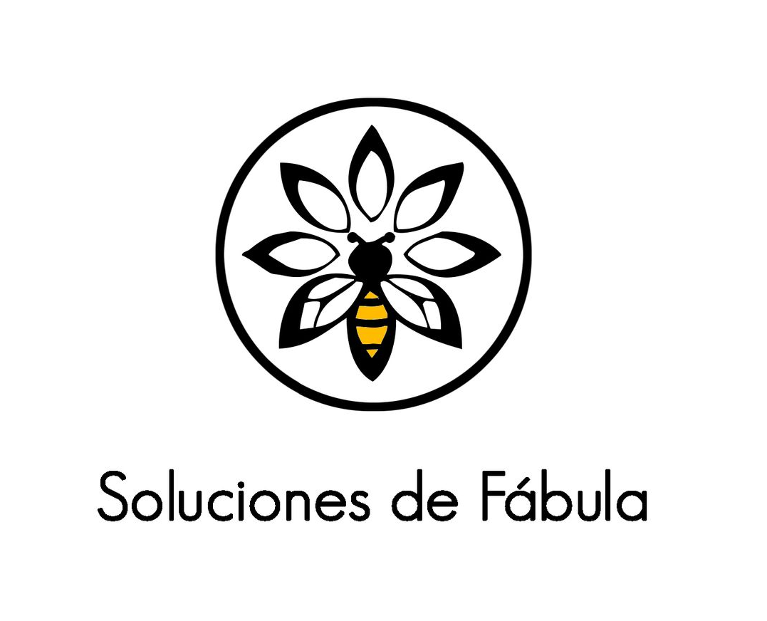 Logotipo: abeja negra en un diseño similar a una flor dentro de un círculo; texto 