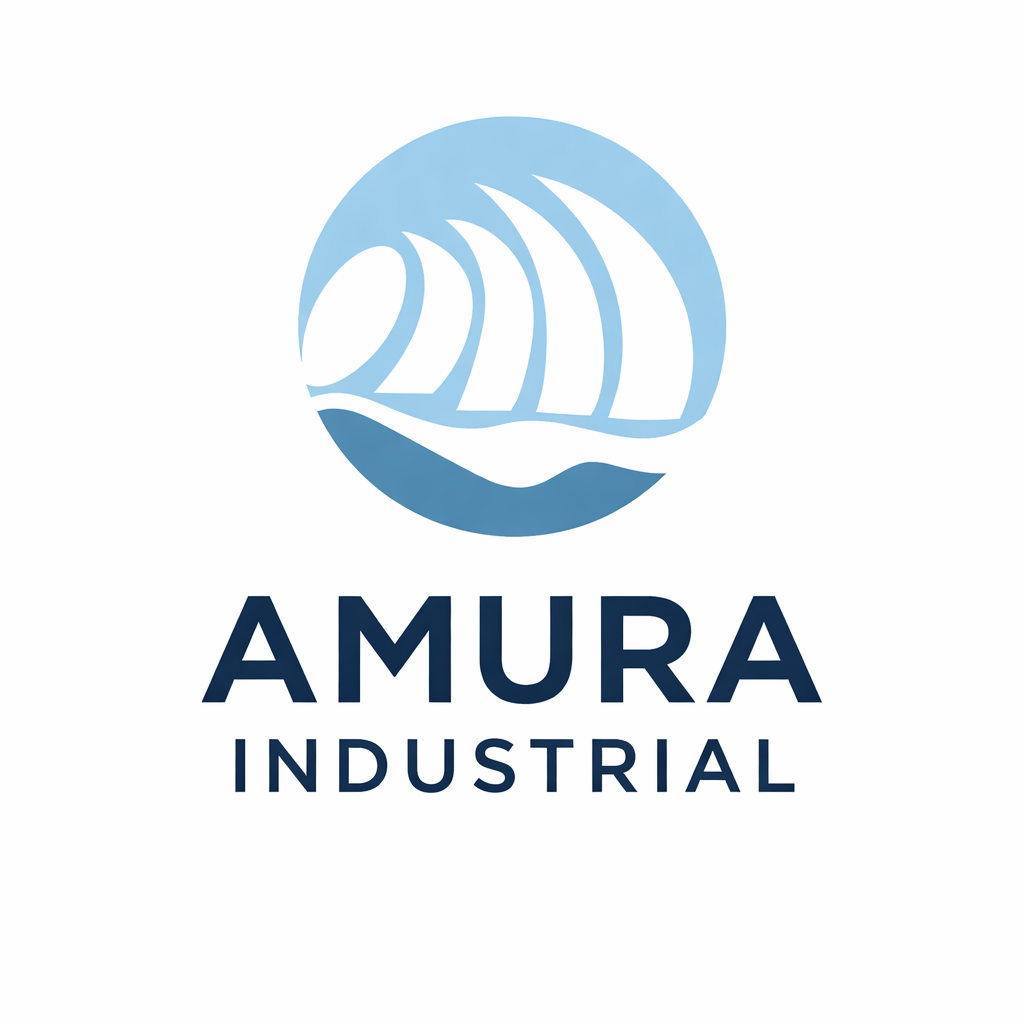 Logotipo de Amura Industrial: círculo azul con ondas estilizadas, texto azul oscuro 
