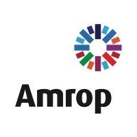 Logotipo de Amrop con diseño circular colorido y la palabra