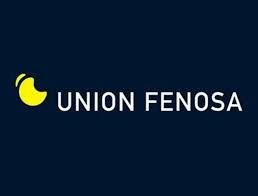 Logotipo de Unión Fenosa. Símbolo de media luna amarilla junto a texto blanco sobre fondo azul marino.