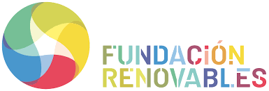 Logotipo para Fundación Renovables: un diseño circular colorido con formas y texto superpuestos.