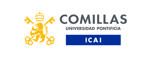 Logotipo de la Universidad Pontificia Comillas, ICAI. Presenta un emblema dorado de llaves y un león