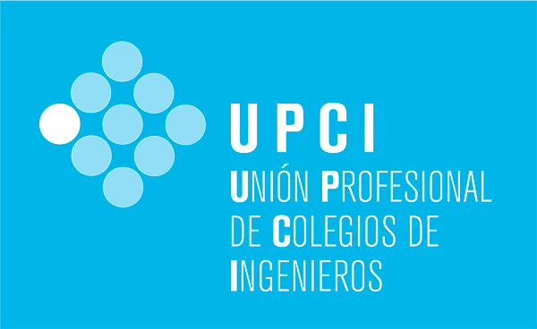 Logotipo de UPCI, una organización de ingeniería, con texto azul y un patrón de círculos azules sobre un fondo verde azulado.