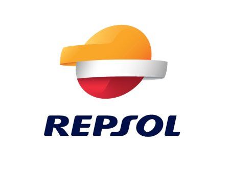 Logotipo de Repsol: forma abstracta naranja y blanca sobre la palabra azul oscuro