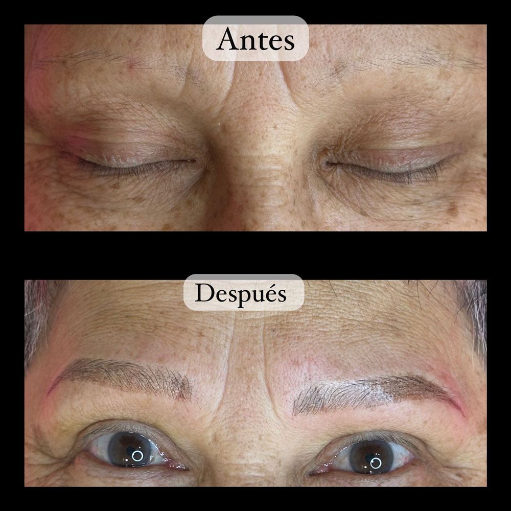 Una fotografía de antes y después de las cejas de una mujer.