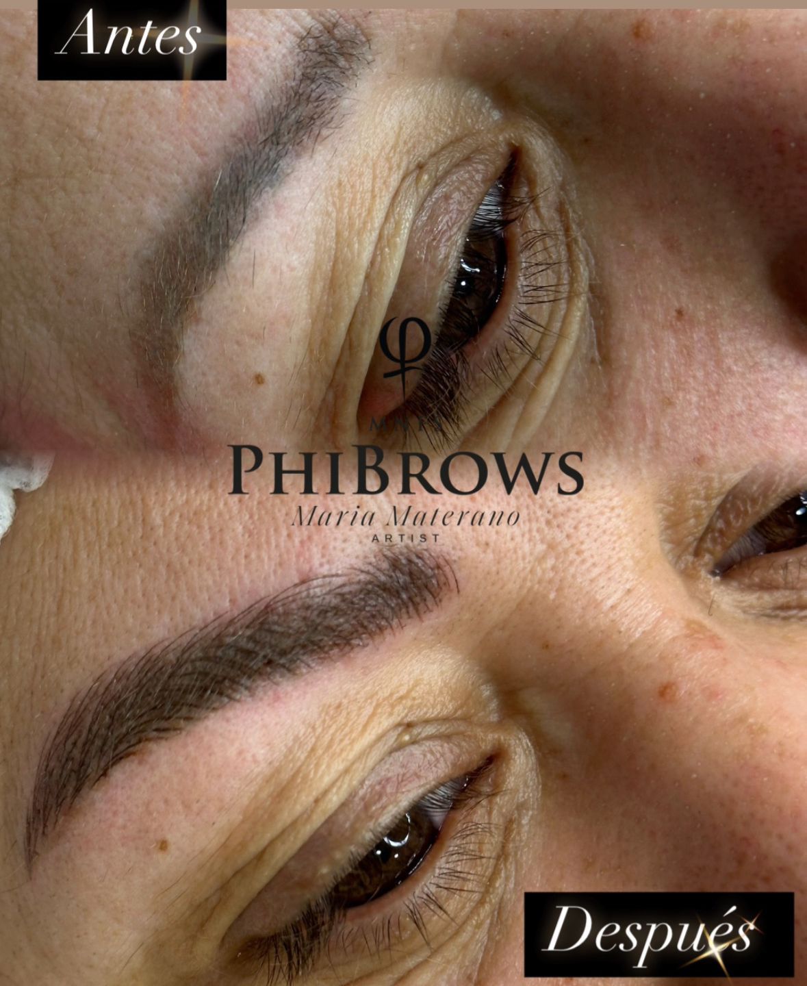 Una foto de antes y después de las cejas de una mujer.