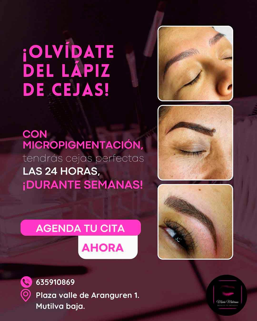 Un anuncio de micropigmentación de cejas en español.