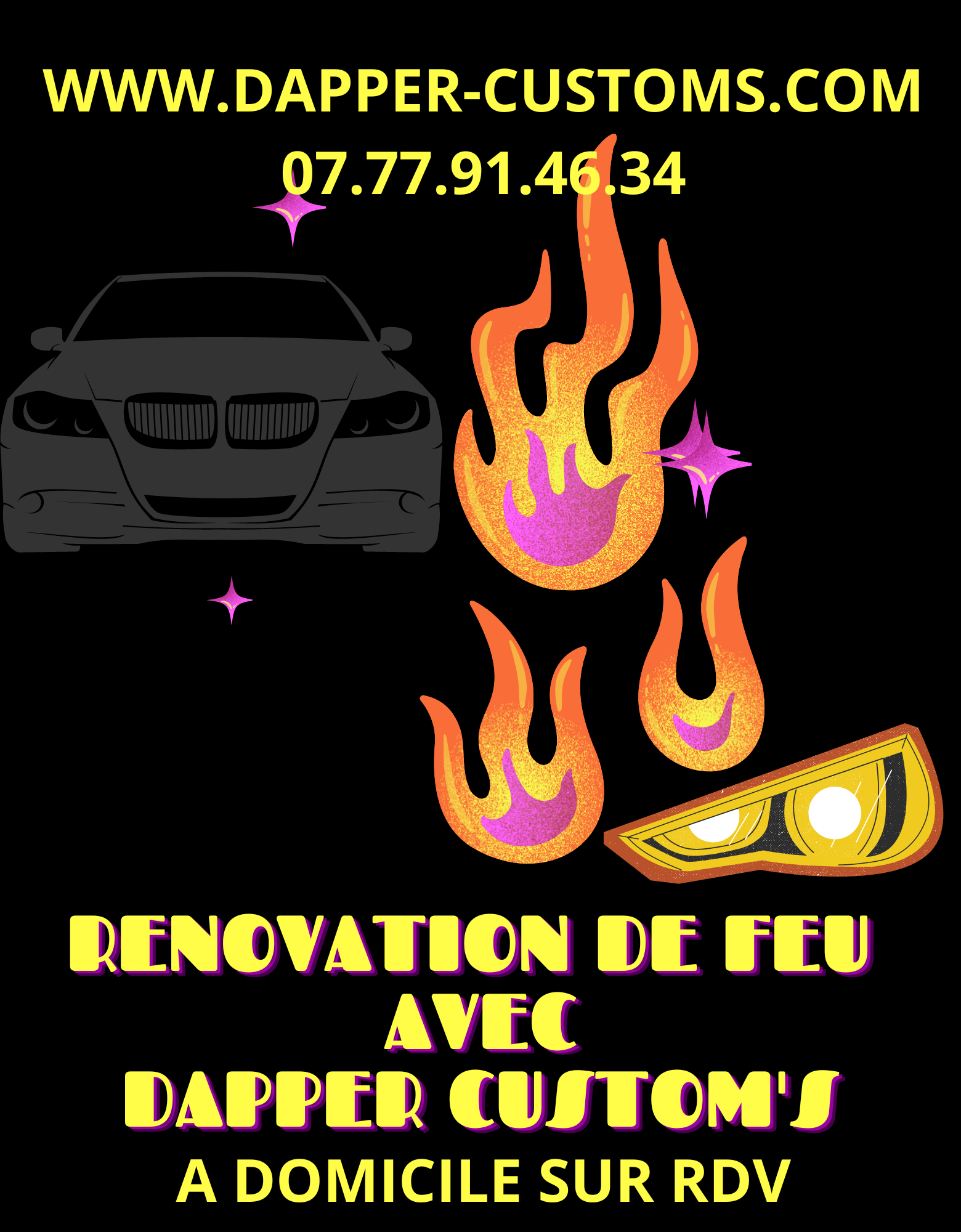 Image promotionnelle de Dapper Custom's noire avec des flammes