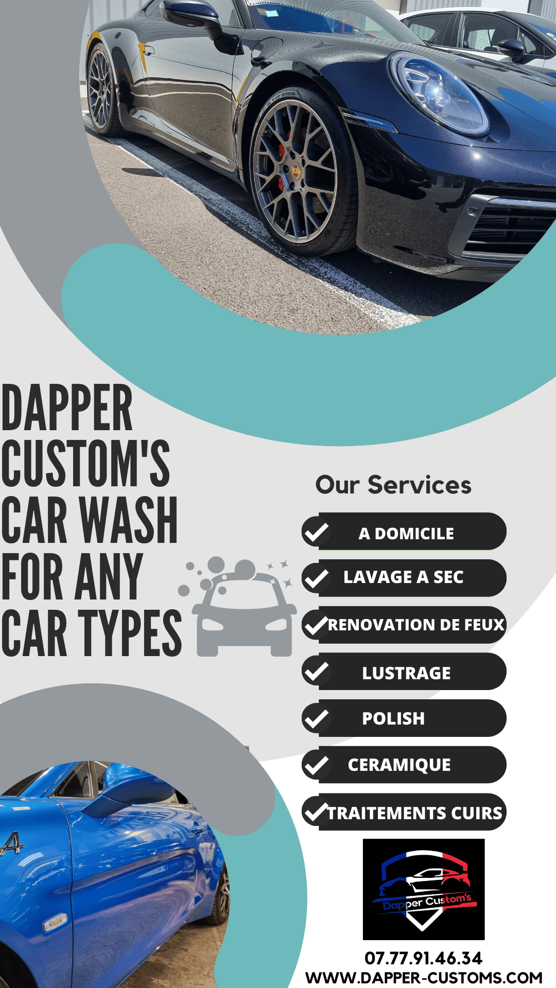 Image promotionnelle en anglais des services de nettoyage auto de Dapper Custom's