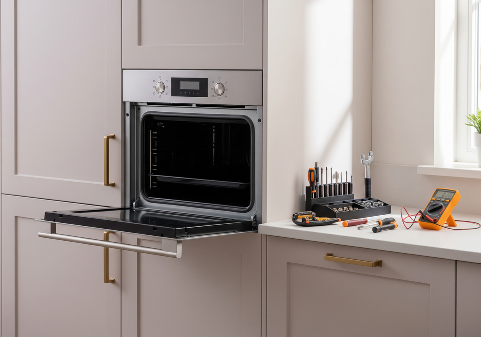Cuisine moderne avec four encastré ouvert et plan de travail garni d'ustensiles variés près d'une fenêtre