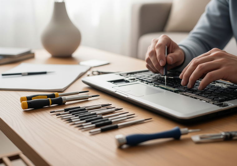 Des mains réparent un ordinateur portable sur un bureau en bois, avec des tournevis et des outils disposés à proximité.