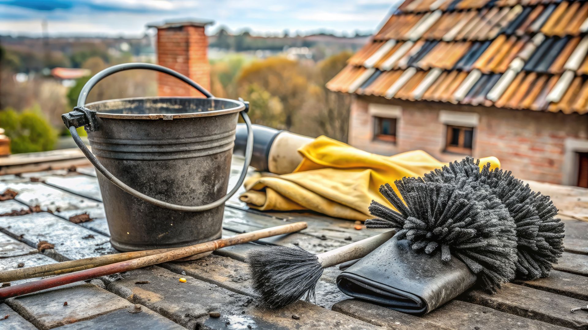 Des outils de ramoneur sur un toit