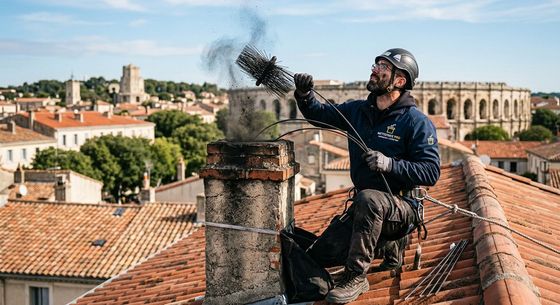 Un ramoneur et les arènes de Nîmes en fond
