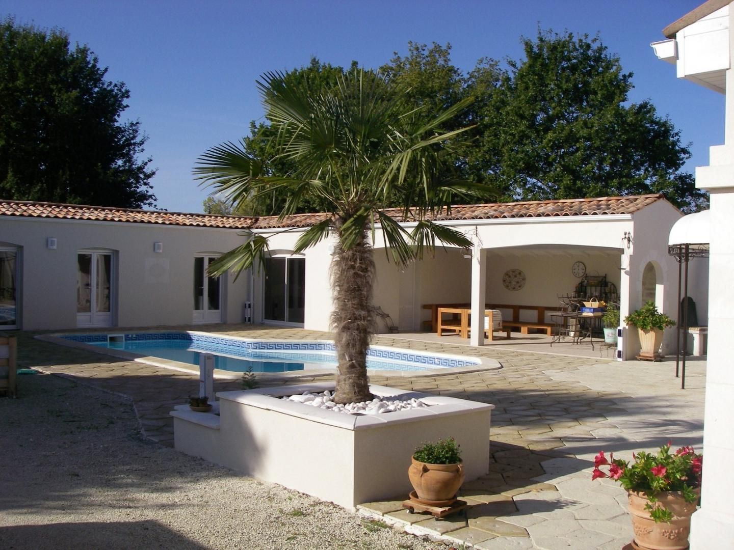 Cour intérieure avec piscine et palmier.