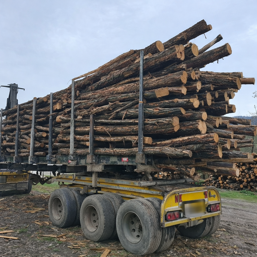 Semi-remorque chargée de grumes sur un chemin de terre, transportant de nombreuses grumes coupées. Ciel gris et quelques arbres en arrière-plan.