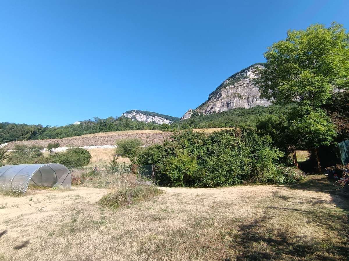Champ aride avec une montagne en arrière-plan sous un ciel bleu, des arbres à droite et une serre à gauche.
