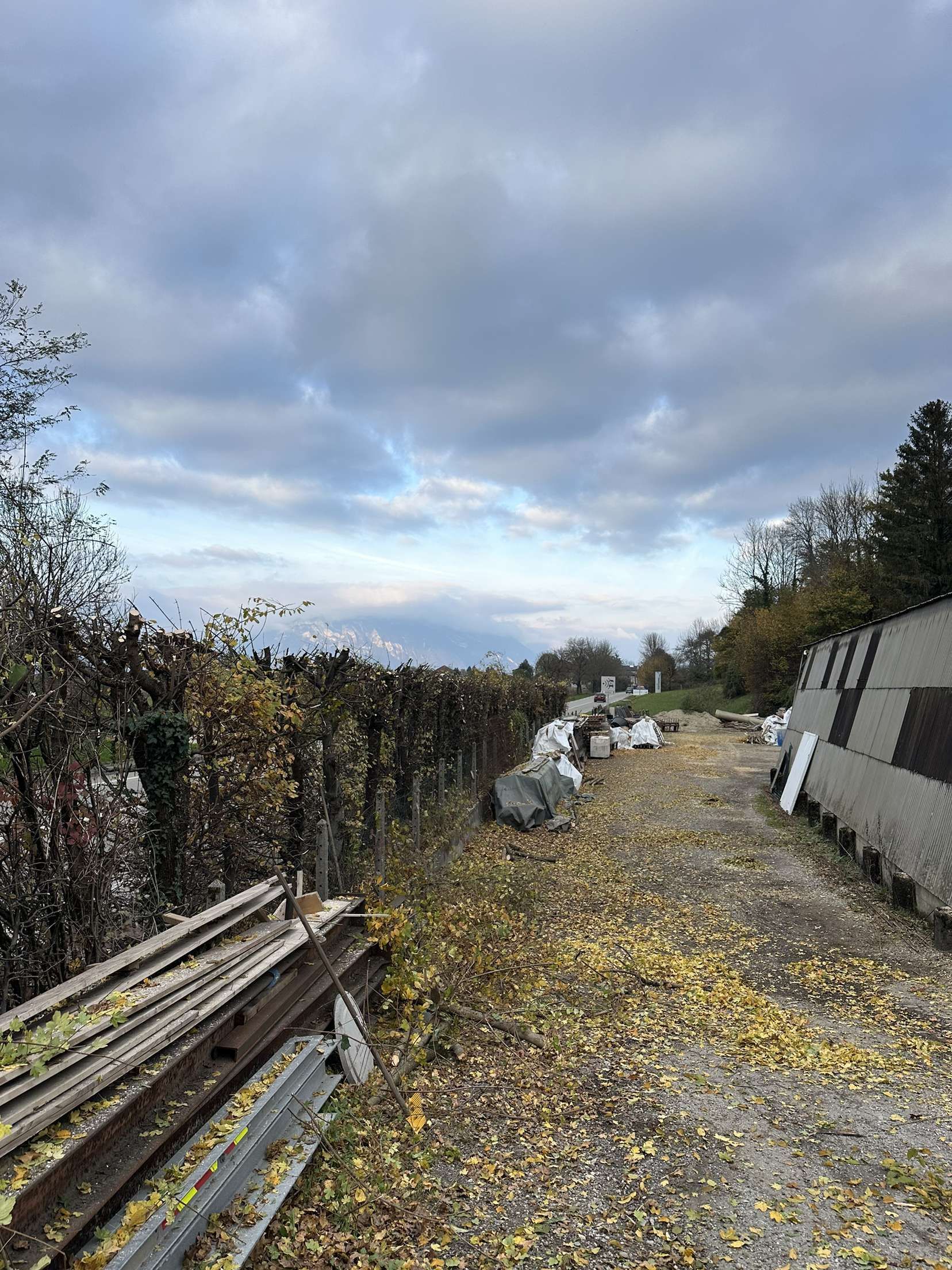 Chemin de gravier traversant un paysage sous un ciel nuageux. La végétation borde le chemin, mêlée à quelques matériaux de construction.