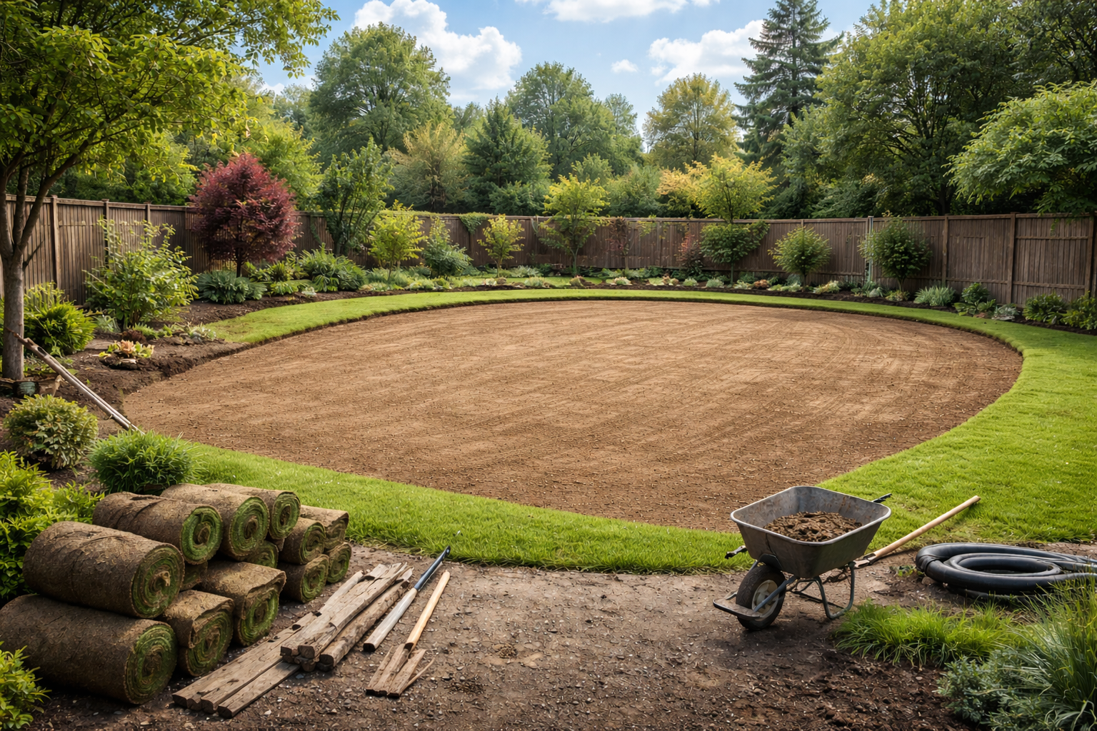 Un jardin en travaux avec une parcelle de terre nue, entourée de gazon neuf, de rouleaux de gazon et d'outils de jardinage.