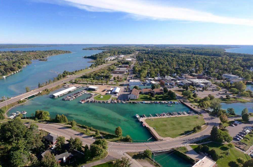 Aerial view of the village of Elk Rapids, MI.
