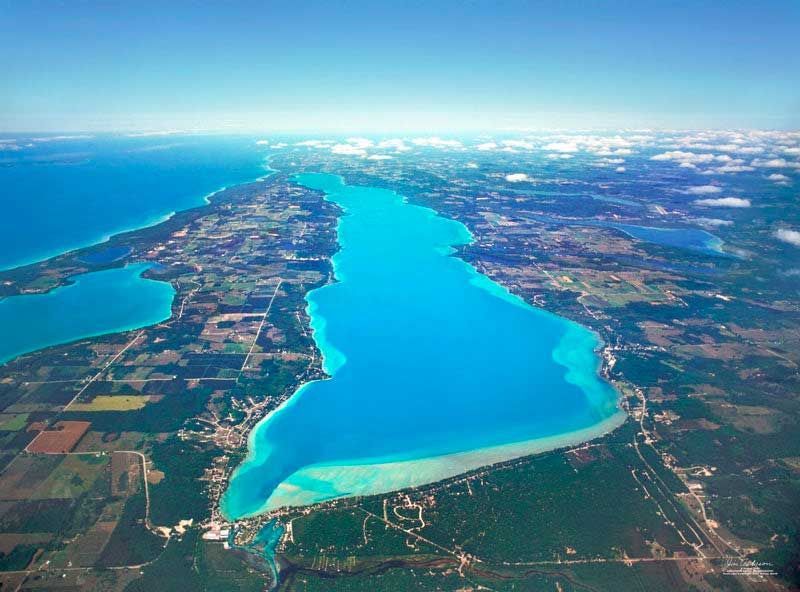 Aerial view of beautiful blue Torch Lake.