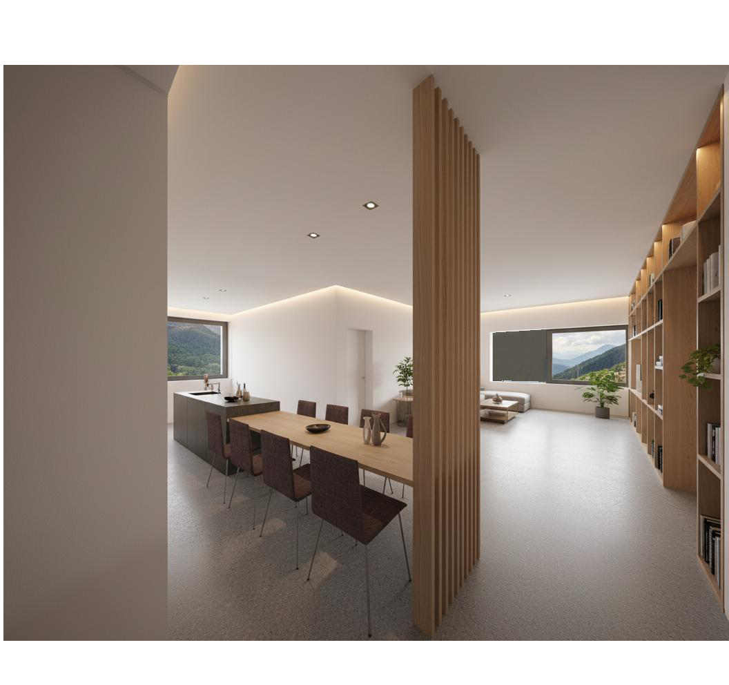 Illustrazione astratta di montagne stilizzate e sole su uno sfondo grigio-blu.