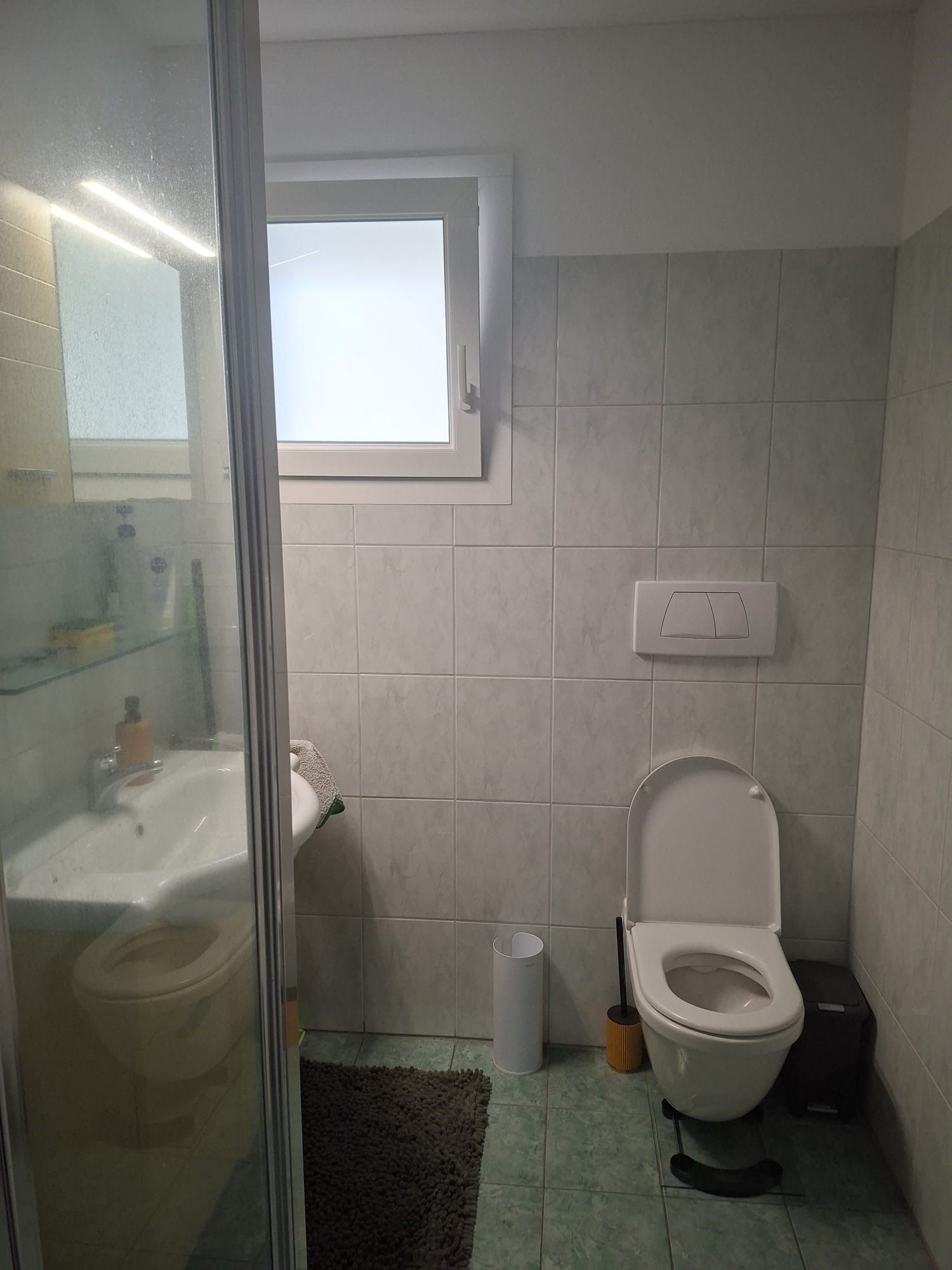 Piccolo bagno con WC, finestra, pareti piastrellate, porta doccia in vetro e tappetino da bagno scuro.