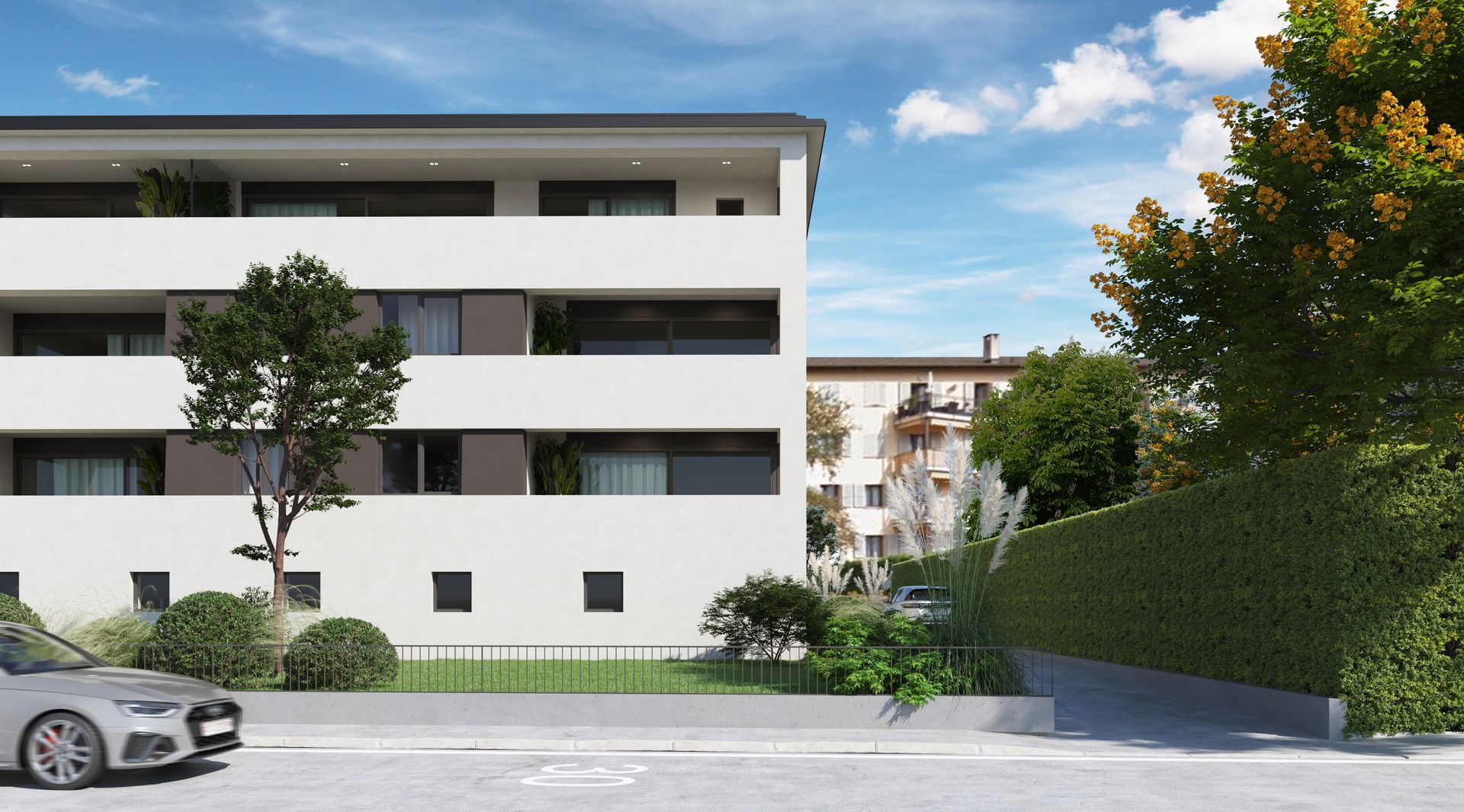 Illustrazione astratta in azzurro e bianco di dolci colline e di un sole.