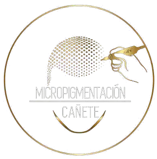 Gold-lined logo: hand holding a micropigmentation pen; "MICROPIGMENTACIÓN CAÑETE" within a circle.