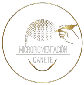 Gold-lined logo: hand holding a micropigmentation pen; "MICROPIGMENTACIÓN CAÑETE" within a circle.