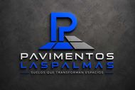 Logotipo de Pavimentos Las Palmas con una P azul, azulejos grises y eslogan sobre un fondo oscuro texturizado.