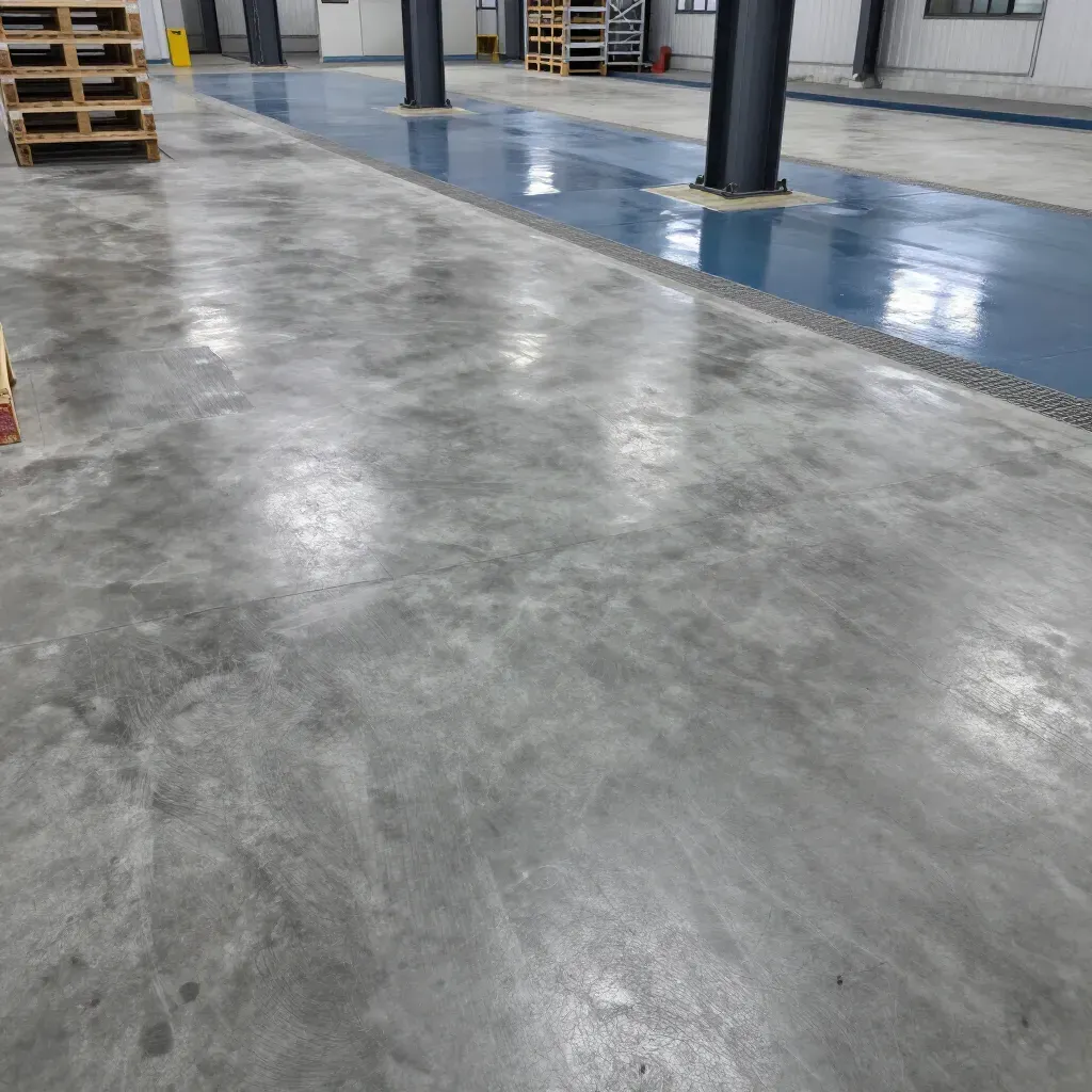 Trabajador pintando una junta blanca del suelo con un rodillo largo en un espacio industrial interior.