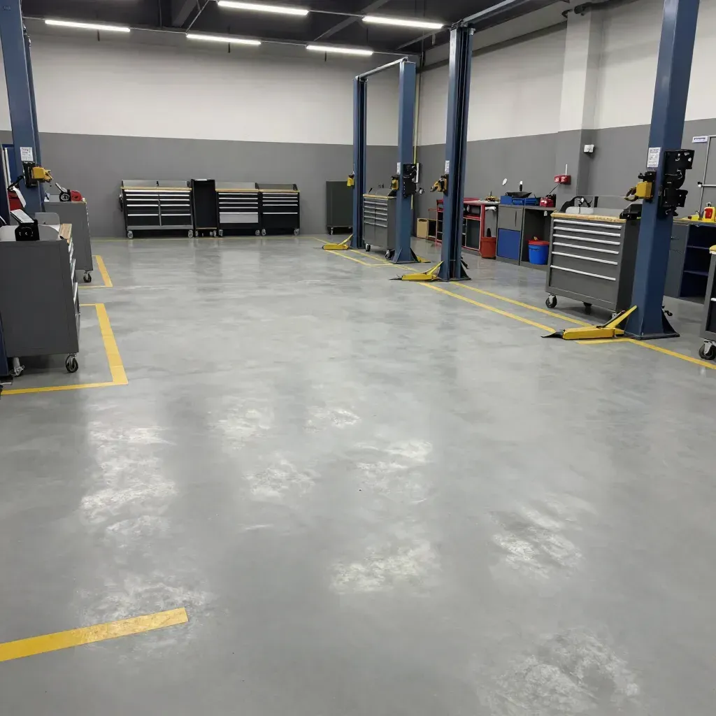 Trabajador pintando una junta blanca del suelo con un rodillo largo en un espacio industrial interior.
