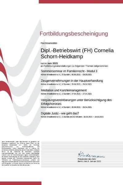 Es handelt sich um eine Urkunde mit der Bezeichnung Dipl.-Betriebswirtin (FH) Cornelia Schorn-Heidkamp.