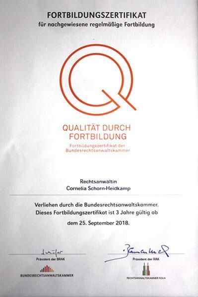 A certificate that says ' qualität durch fortbildung ' on it