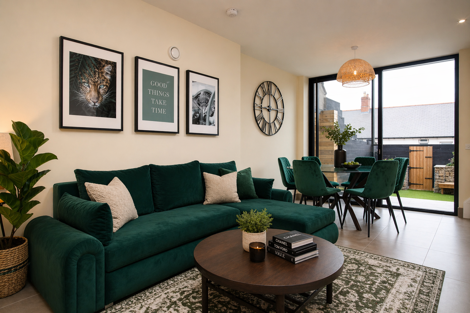 Modern living room with green sofa, round coffee table, wall art, and dining area by a balcony window