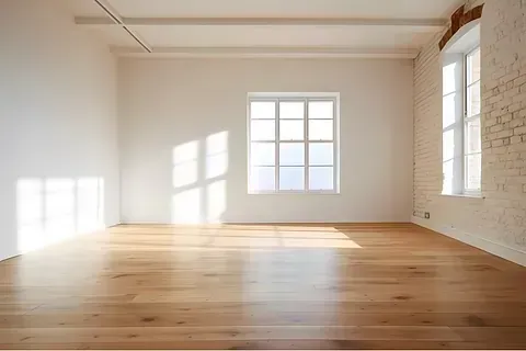 Habitación vacía con pisos de madera, paredes blancas y grandes ventanas que dejan entrar la luz del sol.